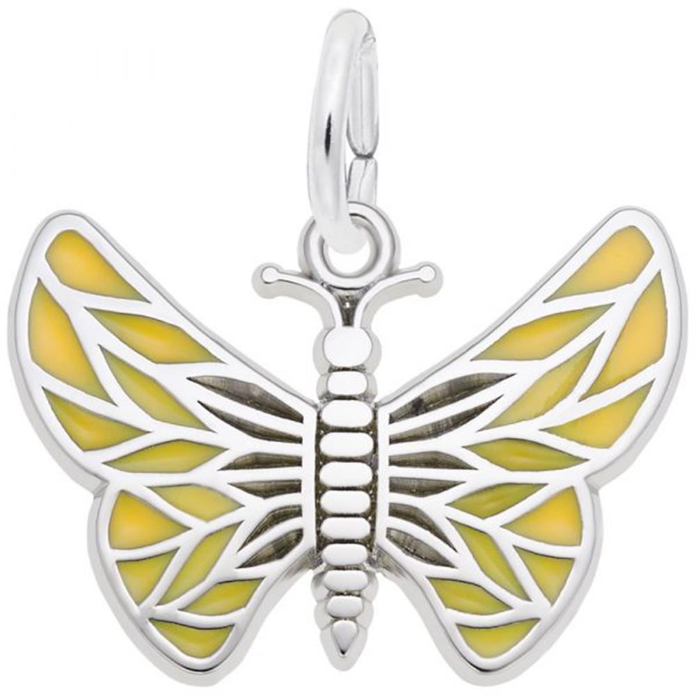 Featuring the Butterfly Enameled Charm from Rembrandt Charms, this pendant is skillfully crafted from sterling silver and showcases a beautiful butterfly shape with multi-colored detailing. The wings exhibit intricate cut-out patterns filled with vibrant yellow enamel. Designed with a loop at the top, it can easily be attached to any necklace or bracelet.