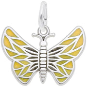 Featuring the Butterfly Enameled Charm from Rembrandt Charms, this pendant is skillfully crafted from sterling silver and showcases a beautiful butterfly shape with multi-colored detailing. The wings exhibit intricate cut-out patterns filled with vibrant yellow enamel. Designed with a loop at the top, it can easily be attached to any necklace or bracelet.