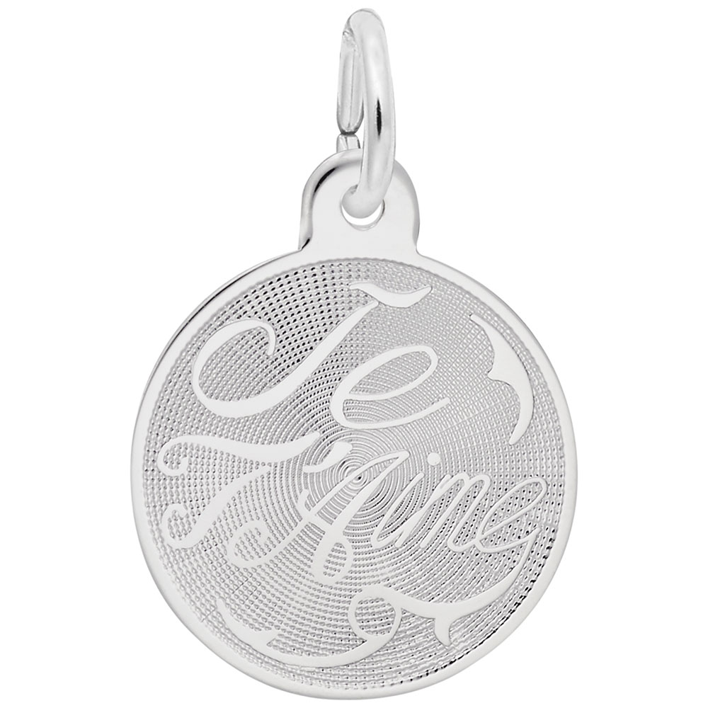 The Je T’aime Disc Charm by Rembrandt Charms features a round silver design engraved with "Je t’aime" in elegant script, textured background, and a top loop—ideal for adding to your favorite charm jewelry.