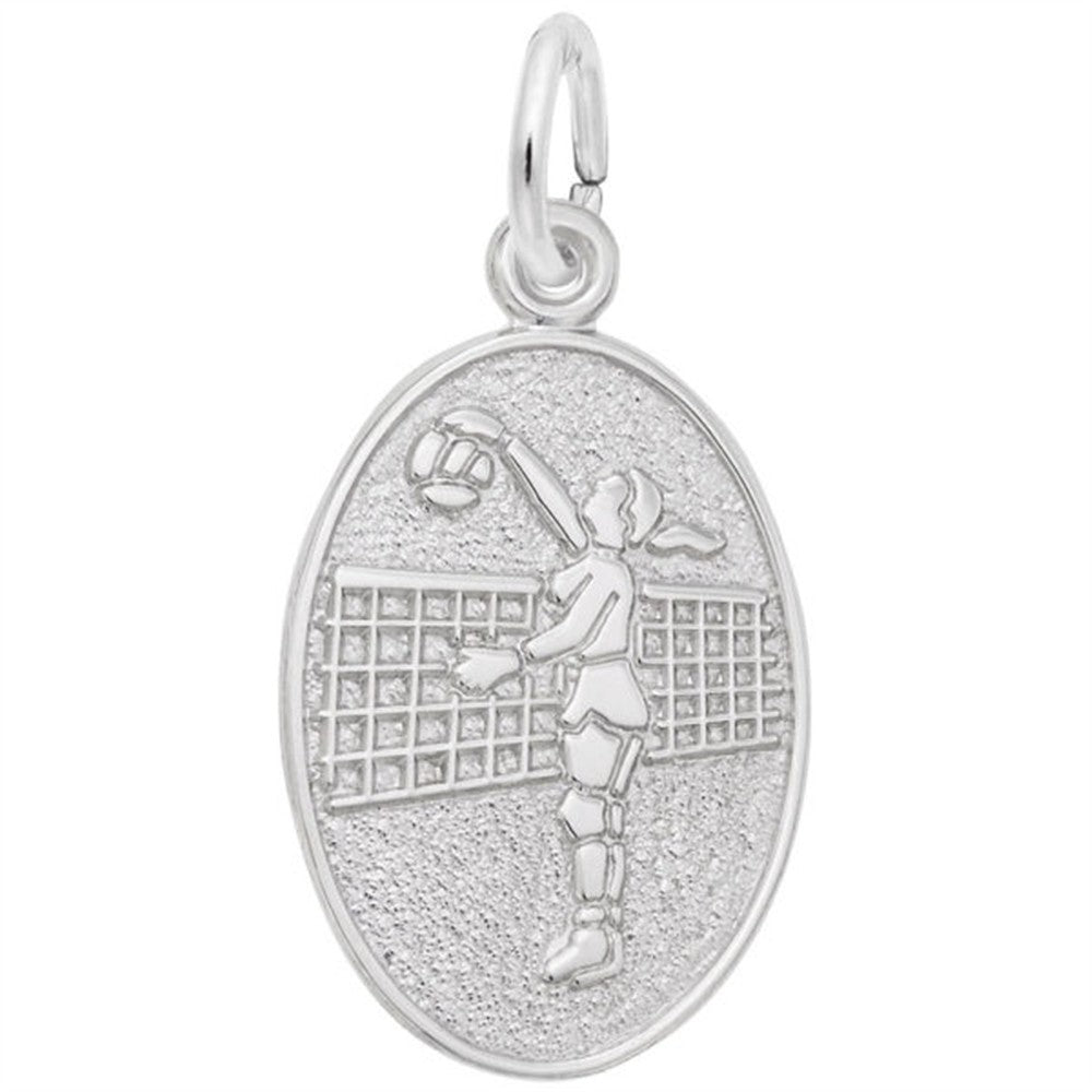 The Rembrandt Charms Volleyball Player Oval Disc Charm in sterling silver features an engraved female volleyball player jumping to hit a ball over the net, with a textured background and top loop for easy attachment.