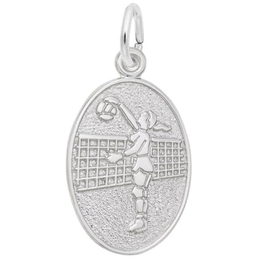 The Rembrandt Charms Volleyball Player Oval Disc Charm in sterling silver features a female athlete jumping to spike a ball over the net on a textured background.