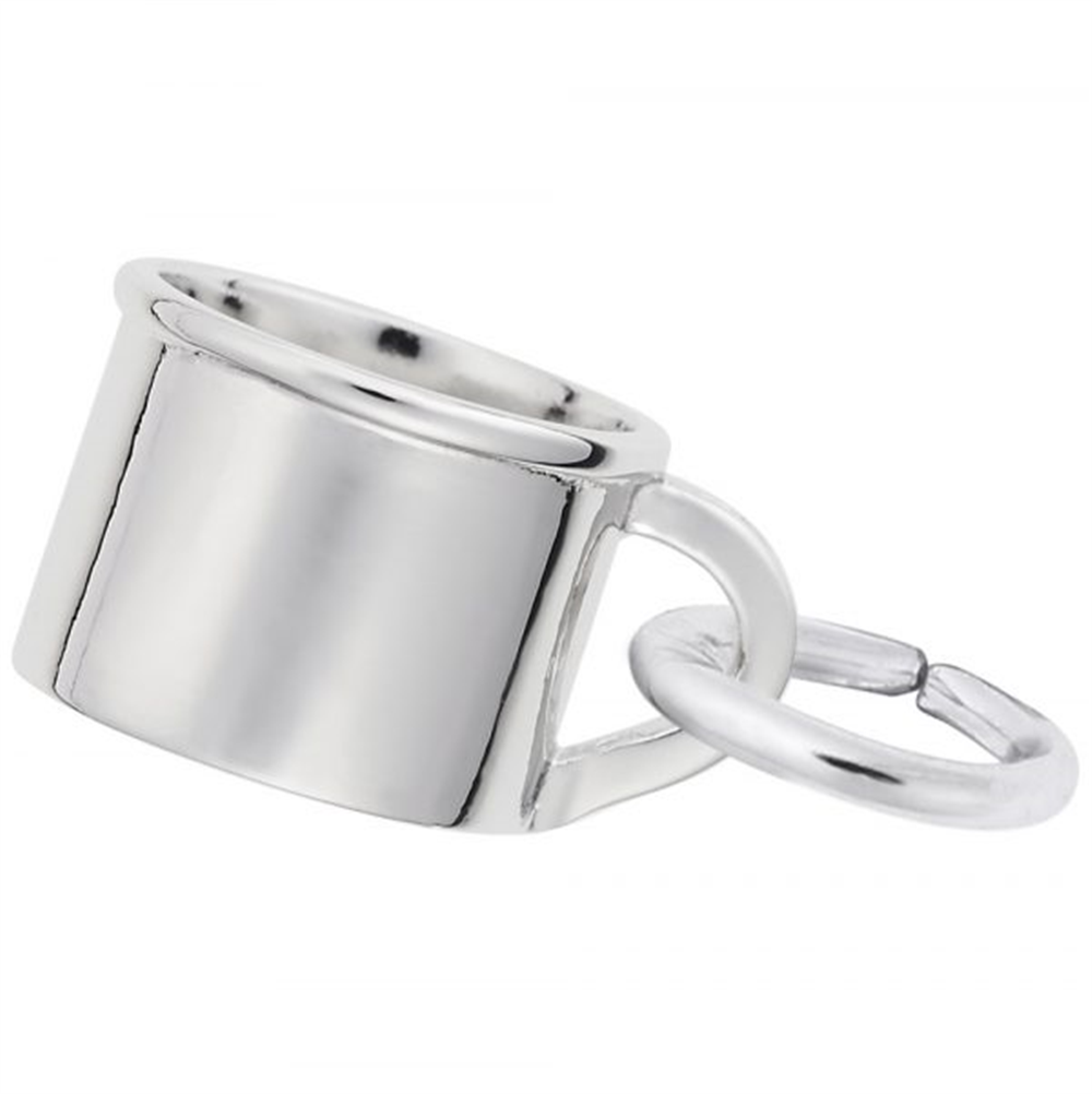 The image shows the Sterling Silver Baby Cup Accent Charm from Rembrandt Charms. This charm features a simple yet elegant design of a baby cup, crafted in sterling silver. The dimensions are 0.3 inches by 0.25 inches (7.74 mm x 6.35 mm), and the style number is 0641. This charm makes a perfect keepsake to celebrate the nurturing and care associated with a new baby, making it a wonderful addition to any charm bracelet.