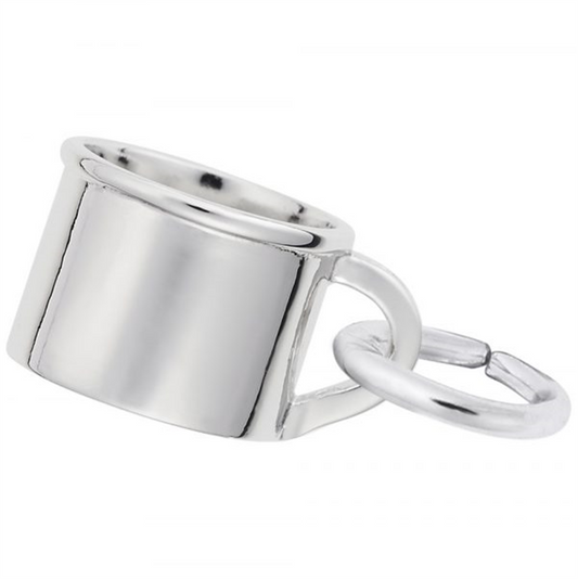 The image shows the Sterling Silver Baby Cup Accent Charm from Rembrandt Charms. This charm features a simple yet elegant design of a baby cup, crafted in sterling silver. The dimensions are 0.3 inches by 0.25 inches (7.74 mm x 6.35 mm), and the style number is 0641. This charm makes a perfect keepsake to celebrate the nurturing and care associated with a new baby, making it a wonderful addition to any charm bracelet.