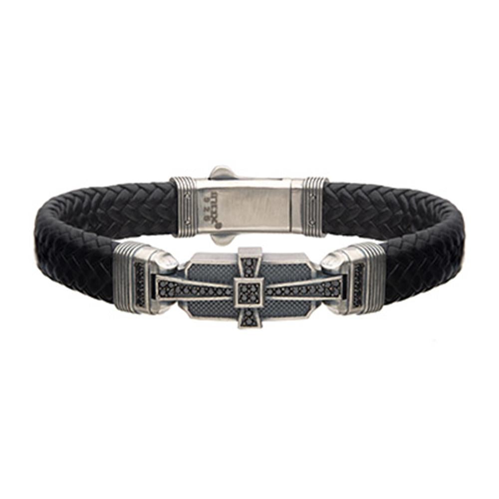 Men's Black Leather with 925 Silver and 40 pcs Black CZ Deco Bracelet.
