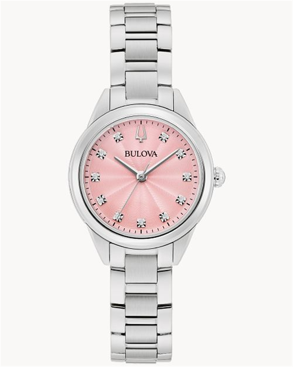 Introducing the Bulova Women’s Stainless Steel Bracelet Watch with Vibrant Pink Dial by Bulova Watch Company, featuring a sleek silver metal link band and a vibrant pink dial accented with silver hour markers and sparkling crystal accents. This elegant women’s watch includes three hands and a polished bezel, making it the perfect accessory for any occasion.