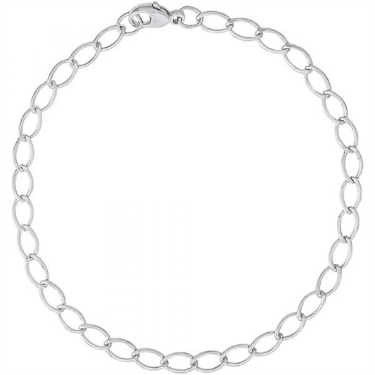 The Rembrandt Charms silver chain bracelet, style 20-0106-008-SS, features oval links and a lobster clasp, shown on a white background. Purchases of 300 allow two evenly split podium payments.