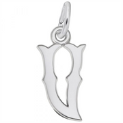 The Rembrandt Charms Blackletter Initial "V" in Sterling Silver Charm is a metallic pendant shaped like the letter "V" with curved and pointed edges, attached to a small circular loop at the top for use with a necklace or bracelet. This charm offers a shiny and polished finish as a unique accessory.