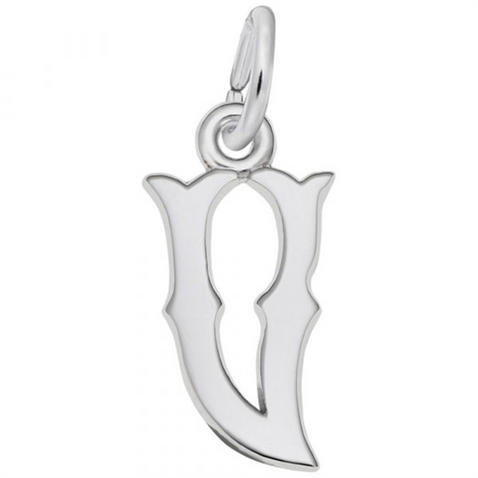 The Rembrandt Charms Blackletter Initial "V" in Sterling Silver Charm is a metallic pendant shaped like the letter "V" with curved and pointed edges, attached to a small circular loop at the top for use with a necklace or bracelet. This charm offers a shiny and polished finish as a unique accessory.