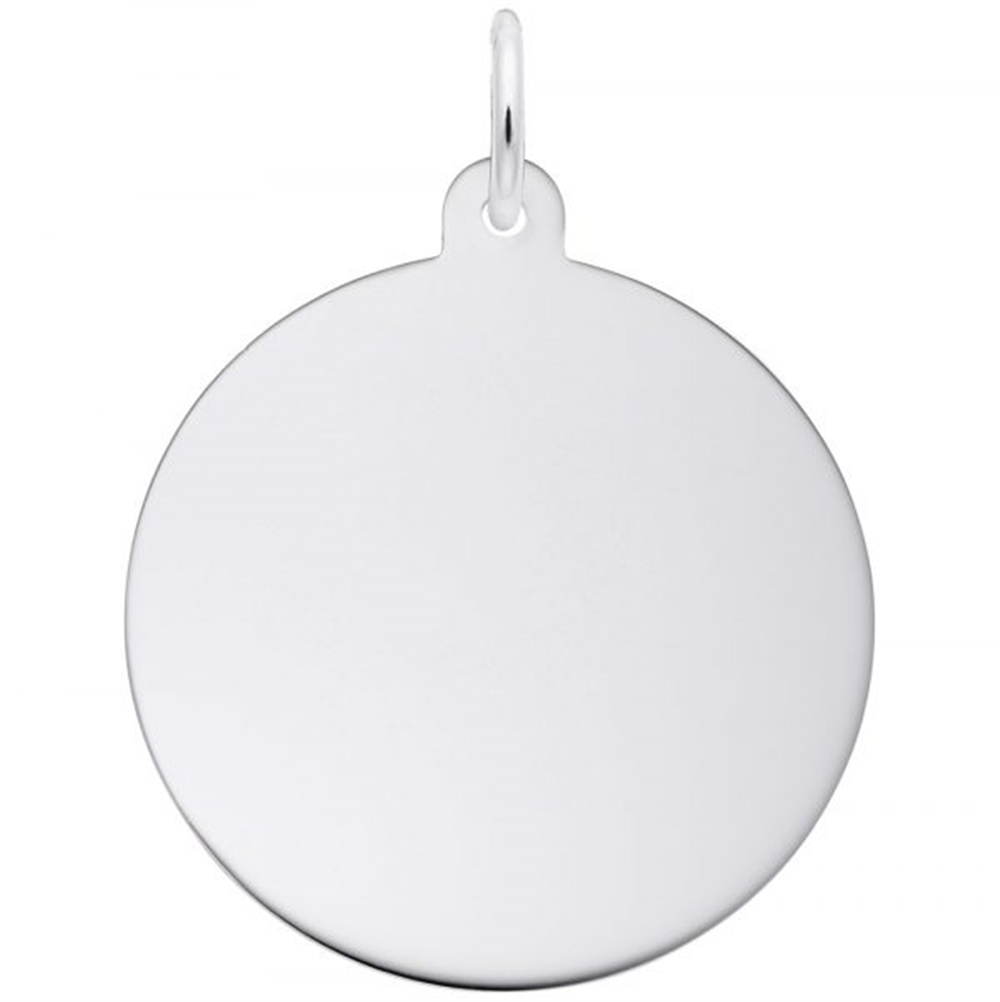 The Large Round Disc Classic Series Charm by Rembrandt Charms is a simple, round sterling silver pendant featuring a small loop at the top for easy attachment to a chain. Perfect for custom engraving and personalized jewelry, this elegant charm is showcased against a white background.