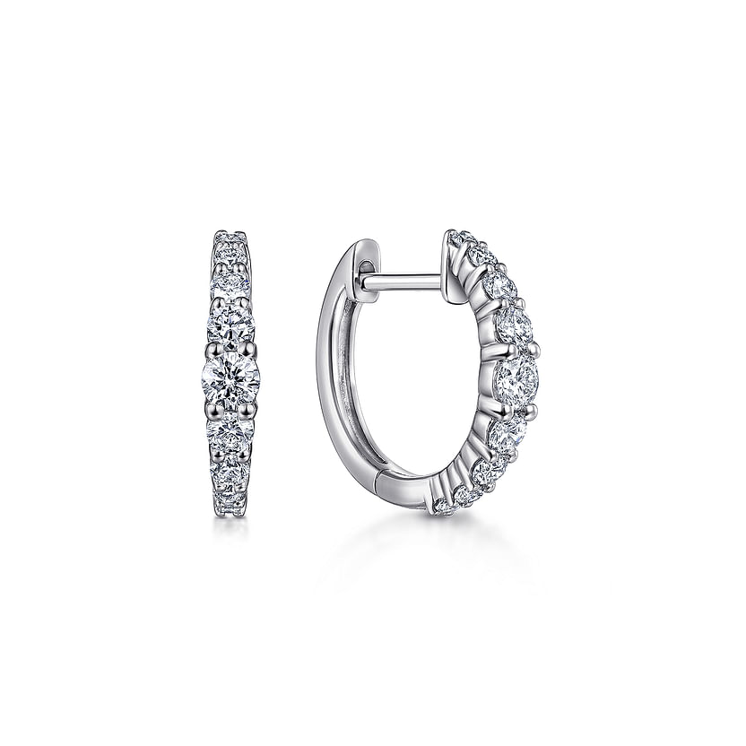 From Gabriel & Co's Lusso Collection, the 14K White Gold 13mm Classic Diamond Huggie Earrings showcase a row of round-cut diamonds along the front edge, displayed from front and side views on a white background.