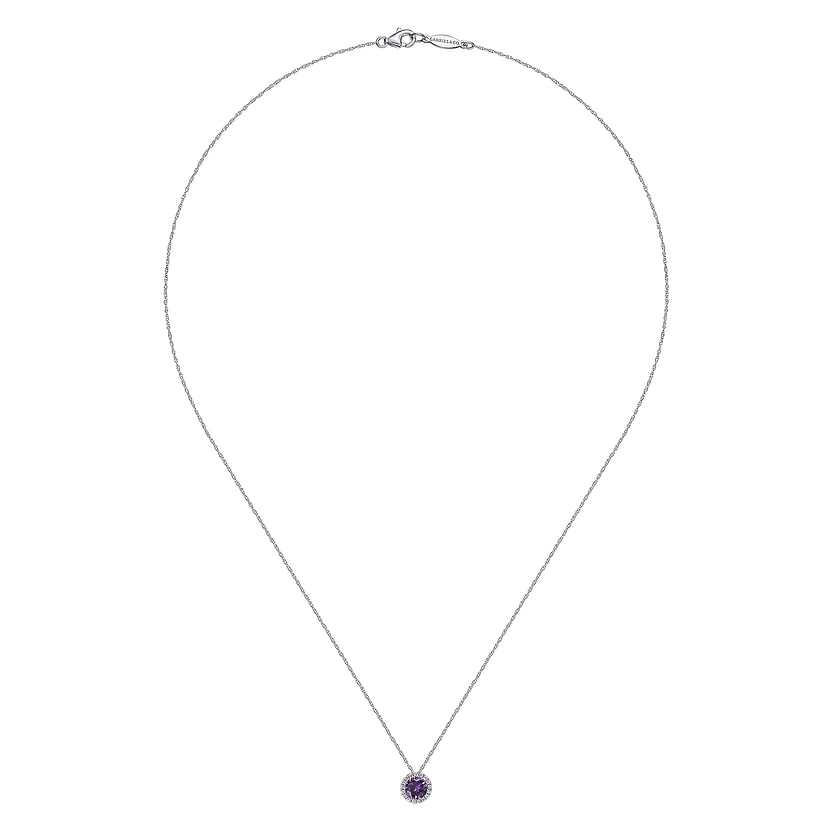The Gabriel & Co 14K White Gold Amethyst and Diamond Halo Pendant Necklace features a small round amethyst pendant at the center, displayed on a white background.