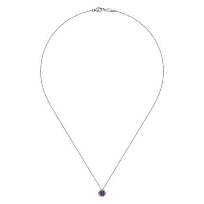 The Gabriel & Co 14K White Gold Amethyst and Diamond Halo Pendant Necklace features a small round amethyst pendant at the center, displayed on a white background.