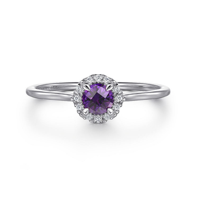 The Gabriel & Co 14K Amethyst and Diamond Halo Ring (size 6.5, SN: S2079308) features a round amethyst center, encircled by sparkling diamonds, shown on a plain white background.