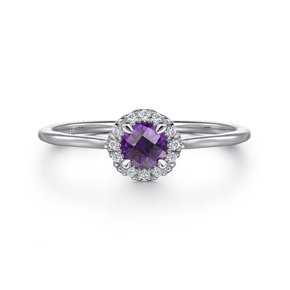 The Gabriel & Co 14K Amethyst and Diamond Halo Ring (size 6.5, SN: S2079308) features a round amethyst center, encircled by sparkling diamonds, shown on a plain white background.