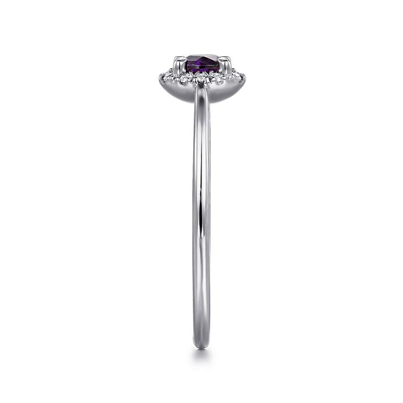 Side view of the Gabriel & Co 14K White Gold Amethyst and Diamond Halo Ring, showcasing a thin band, central amethyst gemstone, and sparkling diamond halo setting.