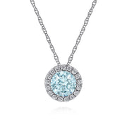 The Gabriel & Co 14K White Gold Aquamarine and Diamond Halo Pendant Necklace features a round blue gemstone with sparkling diamond accents, suspended on a delicate chain and displayed against a white background.
