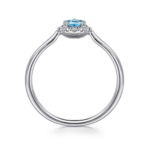 14K White Gold Blue Topaz and Diamond Halo Promise Ring