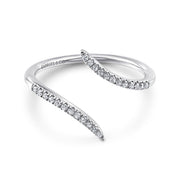 The 14K White Gold Bypass Open Diamond Ring by Gabriel & Co features two tapered, diamond-accented ends in a modern open design, with "Gabriel & Co." engraved inside.