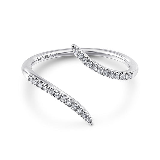 The 14K White Gold Bypass Open Diamond Ring by Gabriel & Co features two tapered, diamond-accented ends in a modern open design, with "Gabriel & Co." engraved inside.