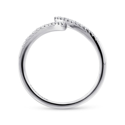 The Gabriel & Co 14K White Gold Bypass Open Diamond Ring features a modern open design with a row of small round diamonds set along one side of the band.