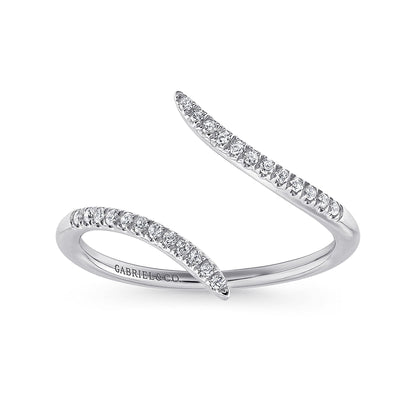 The 14K White Gold Bypass Open Diamond Ring by Gabriel & Co features two tapered, diamond-encrusted ends in a sleek, curved design from the Kaslique Collection, with "GABRIEL & CO." inscribed inside.