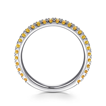 The Gabriel & Co 14K White Gold Citrine Stackable Ring features a thin band with small round citrine gemstones—November's birthstone—set along the edge, shown upright against a plain white background.