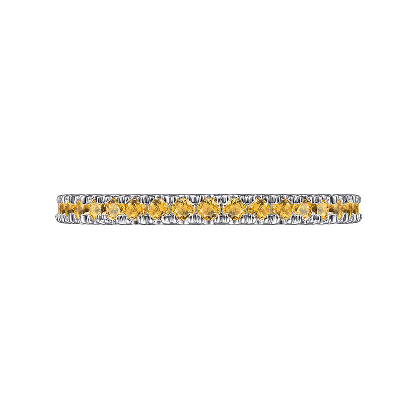 The Gabriel & Co 14K White Gold Citrine Stackable Ring showcases a continuous row of small, round citrine gems—perfect as a November birthstone or an elegant stacking ring.
