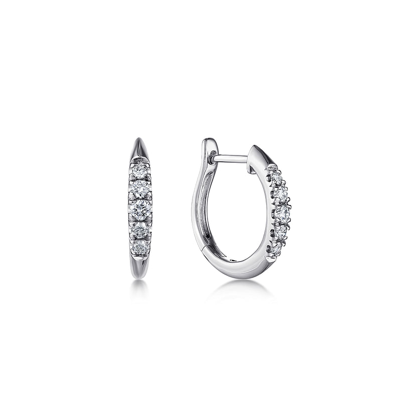 Gabriel & Co 14K White Gold Classic Round 15mm Diamond Huggie Earrings feature a row of sparkling diamonds on each hoop, shown against a white background.