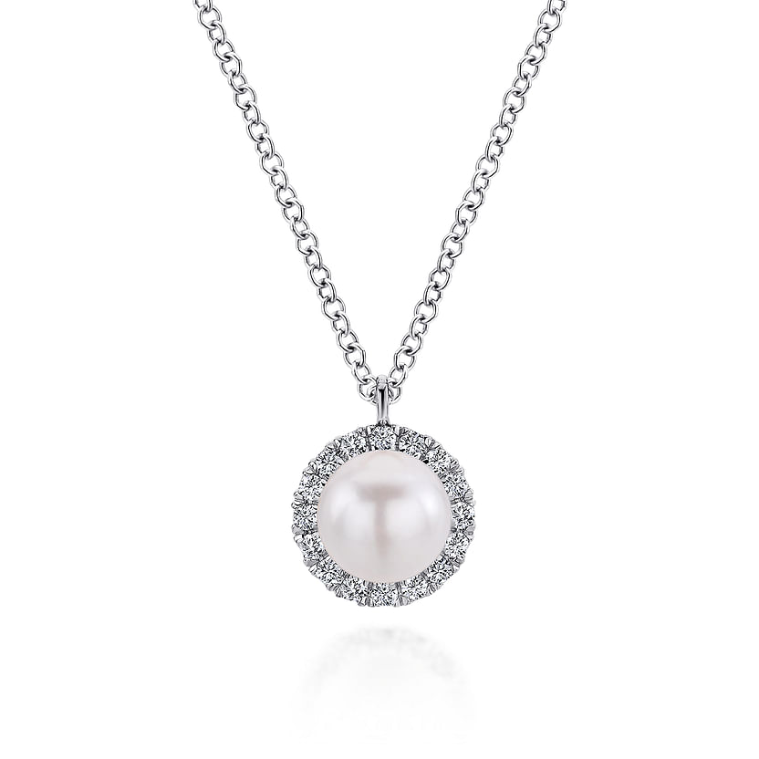 The Gabriel & Co 14K White Gold Cultured Pearl and Diamond Halo Pendant Necklace is a stunning June birthstone piece, displayed on a plain white background.