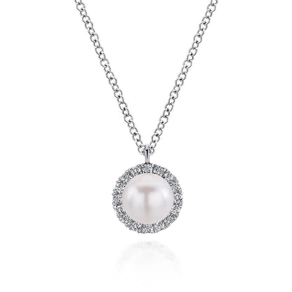 The Gabriel & Co 14K White Gold Cultured Pearl and Diamond Halo Pendant Necklace is a stunning June birthstone piece, displayed on a plain white background.