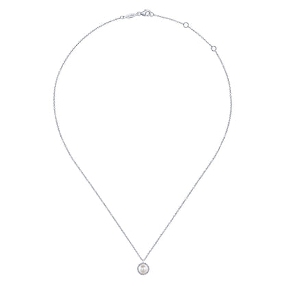 The Gabriel & Co 14K White Gold Cultured Pearl and Diamond Halo Pendant Necklace features a delicate chain with an adjustable clasp and a lustrous pearl pendant framed by sparkling diamonds.