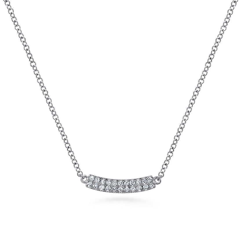 The Gabriel & Co 14K White Gold Curved Pavé Diamond Bar Necklace features a sparkling pavé diamond bar pendant on an adjustable cable chain.