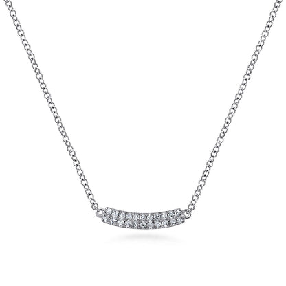 The Gabriel & Co 14K White Gold Curved Pavé Diamond Bar Necklace features a sparkling pavé diamond bar pendant on an adjustable cable chain.