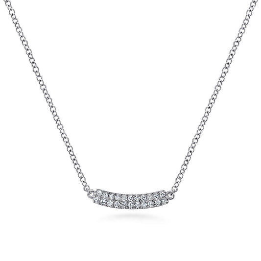 The Gabriel & Co 14K White Gold Curved Pavé Diamond Bar Necklace features a sparkling pavé diamond bar pendant on an adjustable cable chain.