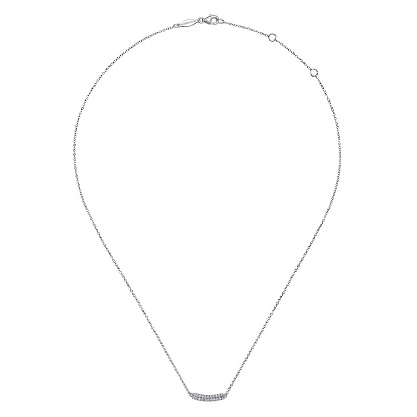 The Gabriel & Co 14K White Gold Curved Pave Diamond Bar Necklace features a slim, adjustable cable chain and a sparkling pavé diamond bar pendant, shown against a white background.