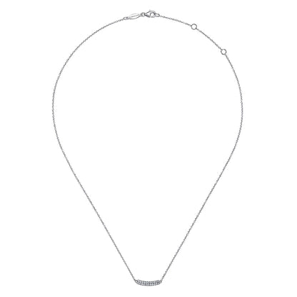 The Gabriel & Co 14K White Gold Curved Pave Diamond Bar Necklace features a slim, adjustable cable chain and a sparkling pavé diamond bar pendant, shown against a white background.