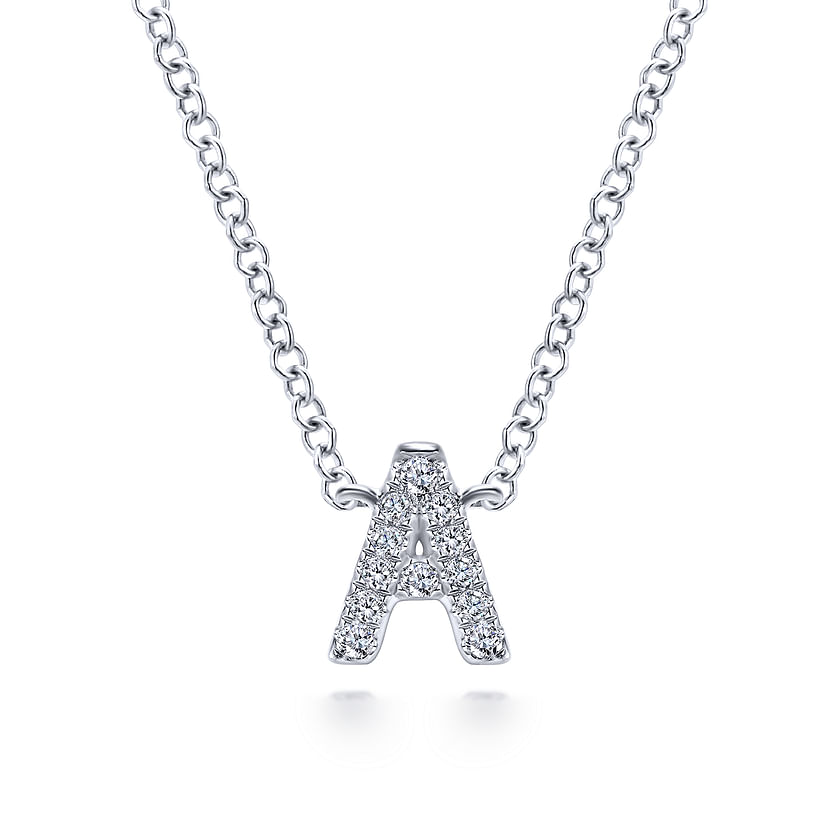 The Gabriel & Co 14K White Gold Diamond A Initial Pendant Necklace sparkles with dazzling diamonds, offering timeless elegance from the Classic Collection.