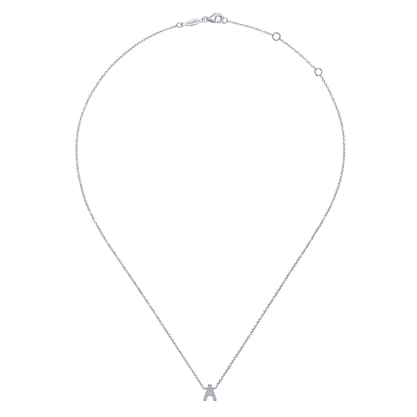 The Gabriel & Co 14K White Gold Diamond A Initial Pendant Necklace features a slim chain and sparkling diamond accents—an elegant piece from our Classic Collection.