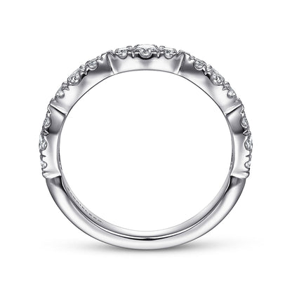 The Gabriel & Co 14K White Gold Diamond Cluster Marquis Station Ring showcases small round diamonds set along the upper half of the band, viewed from the side against a white background.