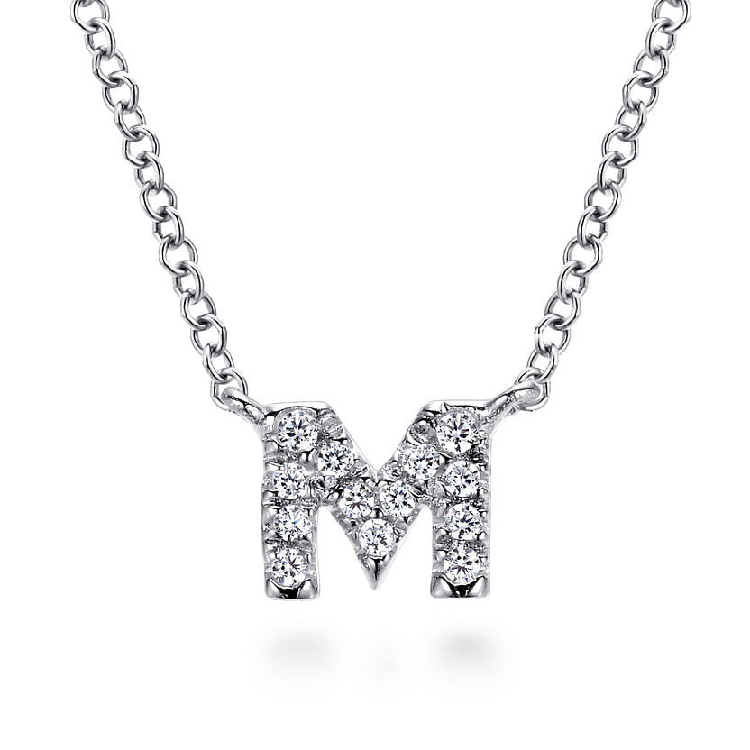 The Gabriel & Co 14K White Gold Diamond M Initial Pendant Necklace features a diamond-encrusted "M" pendant on a classic link chain, blending elegance and sparkle in one timeless accessory.