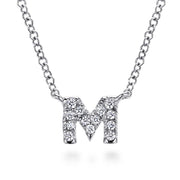 The Gabriel & Co 14K White Gold Diamond M Initial Pendant Necklace features a diamond-encrusted "M" pendant on a classic link chain, blending elegance and sparkle in one timeless accessory.