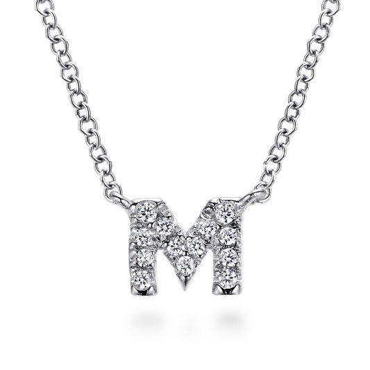 The Gabriel & Co 14K White Gold Diamond M Initial Pendant Necklace features a diamond-encrusted "M" pendant on a classic link chain, blending elegance and sparkle in one timeless accessory.