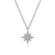 The Gabriel & Co 14K White Gold Diamond Pave Starburst Pendant Necklace features a dazzling starburst design with sparkling diamonds, presented on a delicate white gold chain against a plain white background.