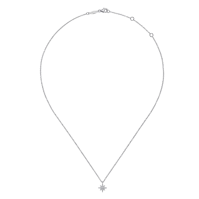 The Gabriel & Co 14K White Gold Diamond Pave Starburst Pendant Necklace features a delicate white gold chain and a starburst pendant with pave diamonds, shown on a white background.