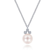 The Gabriel & Co 14K White Gold Diamond and Pearl Pendant Necklace features a round cultured pearl topped with three sparkling diamonds in a triangle, set against a white background.