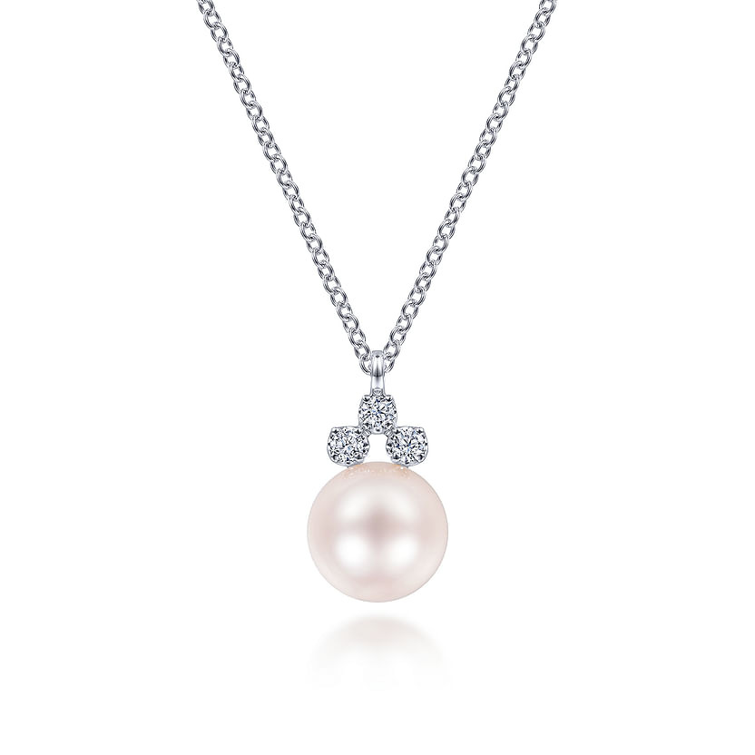 The Gabriel & Co 14K White Gold Diamond and Pearl Pendant Necklace features a round cultured pearl topped with three sparkling diamonds in a triangle, set against a white background.
