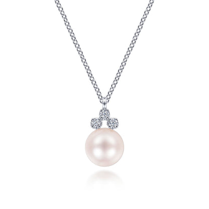 The Gabriel & Co 14K White Gold Diamond and Pearl Pendant Necklace features a round cultured pearl topped with three sparkling diamonds in a triangle, set against a white background.