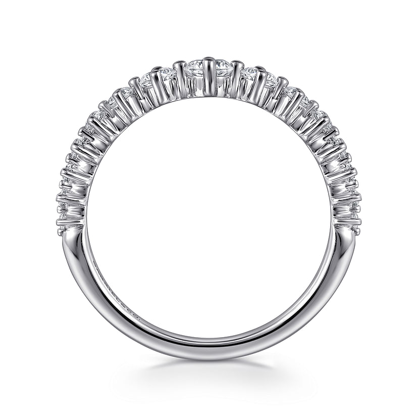 The Gabriel & Co 14K White Gold Graduating Diamond Classic Ladies Ring features a row of diamonds along the top, shown front-facing on a white background—an ideal stackable luxury accessory.