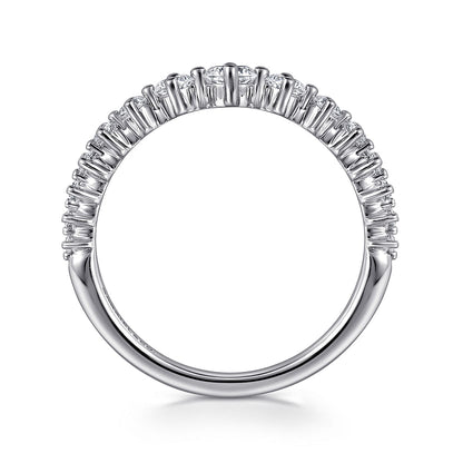 The Gabriel & Co 14K White Gold Graduating Diamond Classic Ladies Ring features a row of diamonds along the top, shown front-facing on a white background—an ideal stackable luxury accessory.
