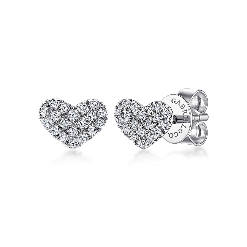 Gabriel & Co 14K White Gold Heart Shaped Pave Diamond Stud Earrings feature dazzling pavé-set diamonds and secure butterfly backings.